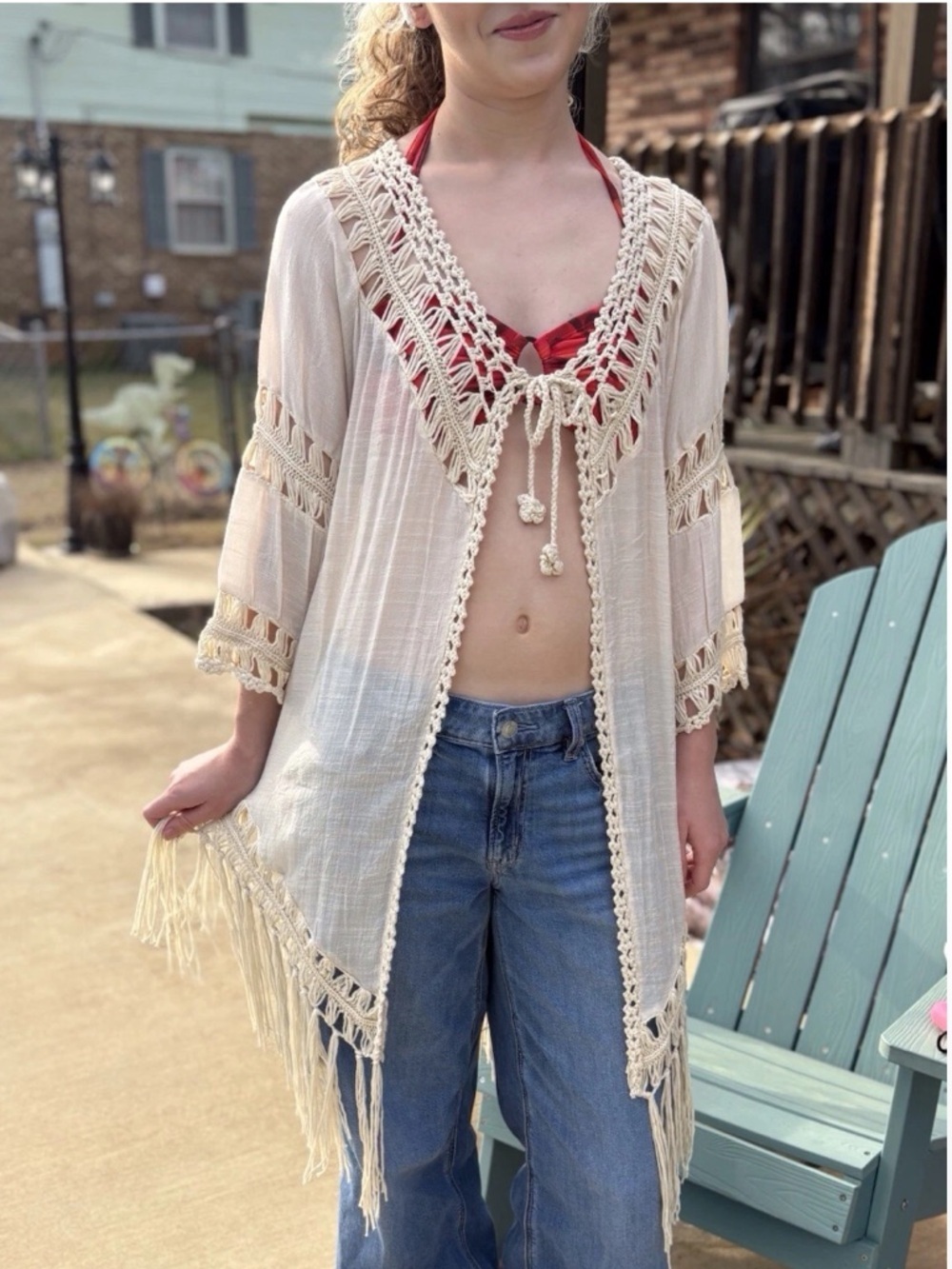 RoomMates Boho Ivory Crocheted Fringe Open Front Cardigan Cover Up Size Medium